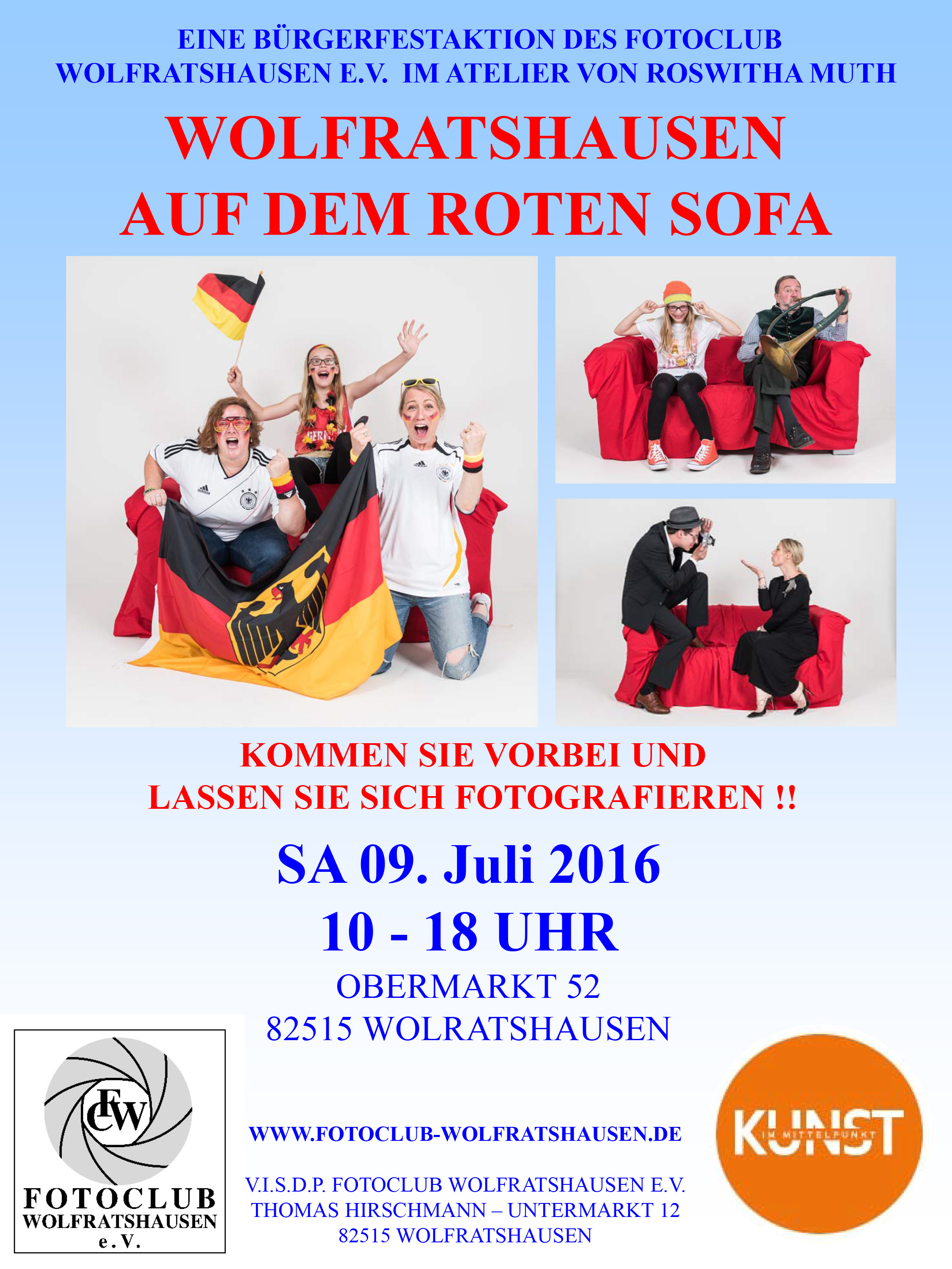 Plakat zur Aktion "Rotes Sofa" des Fotoclub Wolfratshausen in Kooperation mit dem Atelier Roswitha Muth